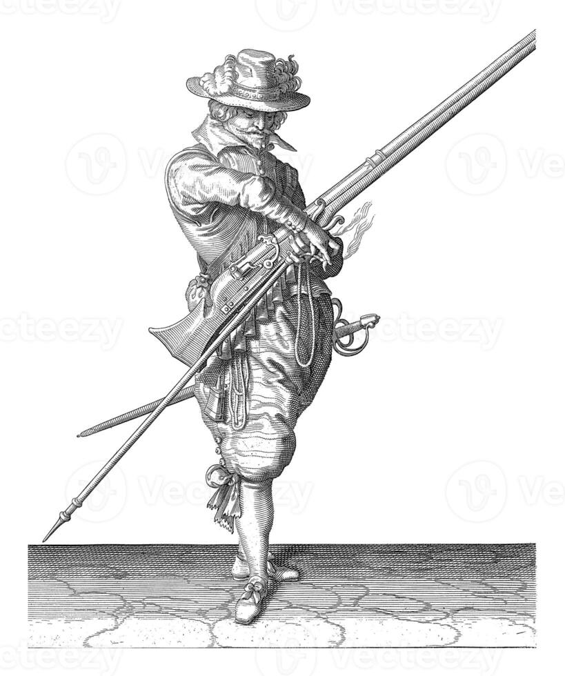 Soldier with a Musket Taking His Wick, vintage illustration. photo