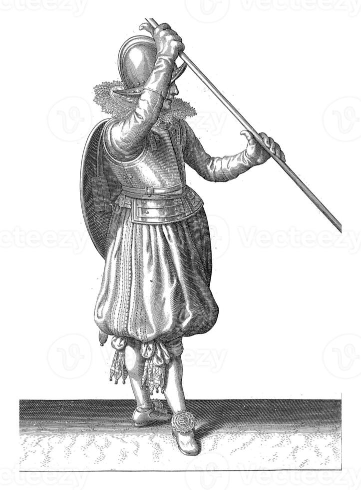 The exercise with shield and skewer, Adam van Breen, 1616 - 1618, vintage illustration. photo