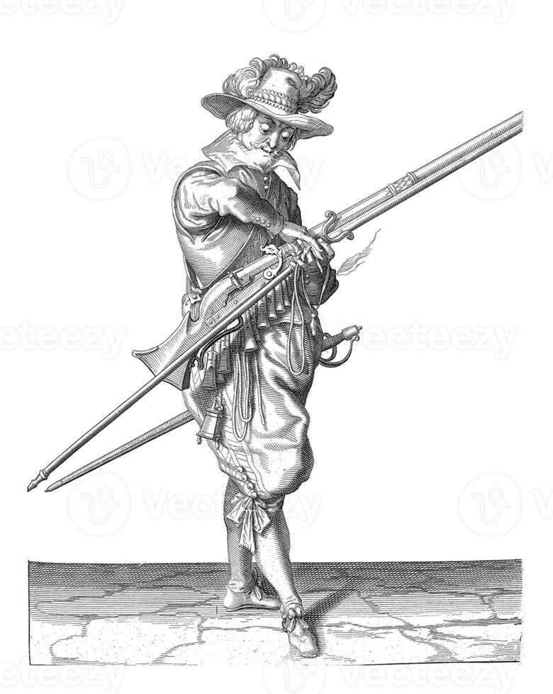 Soldier with a musket transferring his fuse, vintage illustration. photo