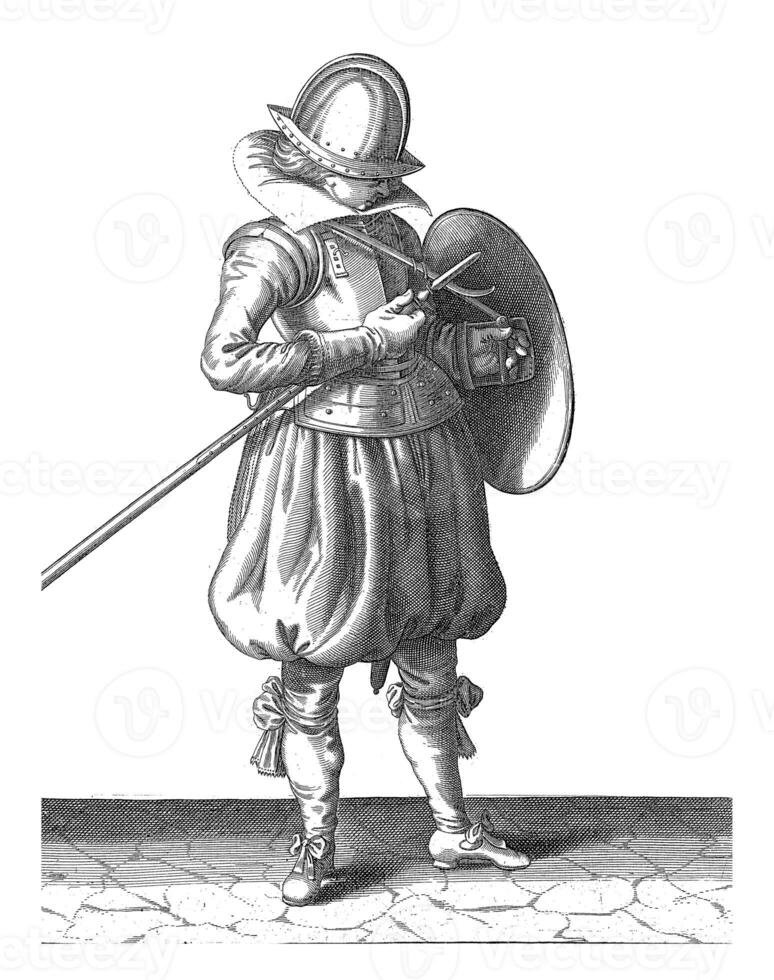 The exercise with shield and spear, Adam van Breen, 1616 - 1618, vintage illustration. photo