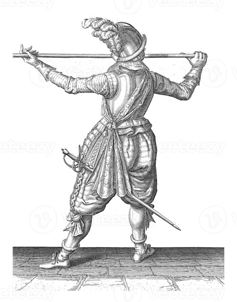 Soldier, seen from the back, carrying his spear horizontally, vintage illustration. photo