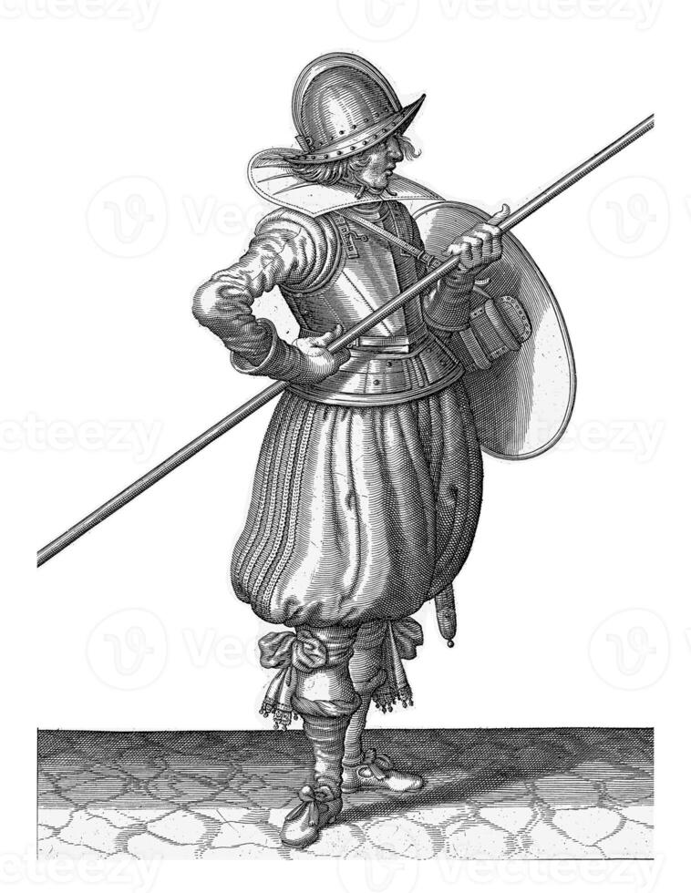 The exercise with shield and spear, Adam van Breen, 1616 - 1618, vintage illustration. photo