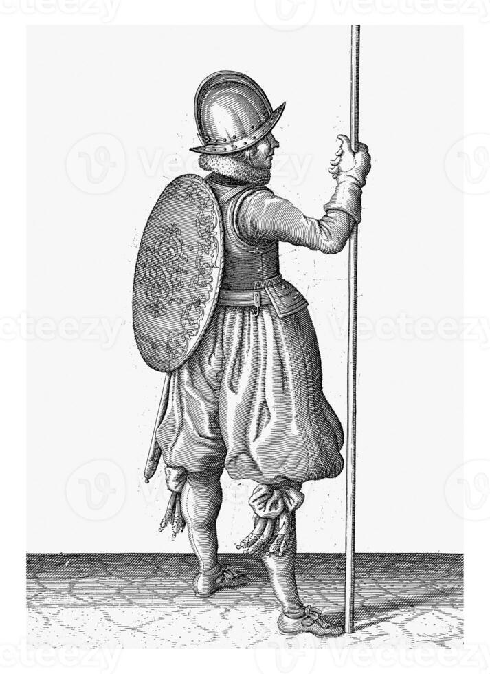 The exercise with shield and spear, Adam van Breen, 1616 - 1618, vintage illustration. photo