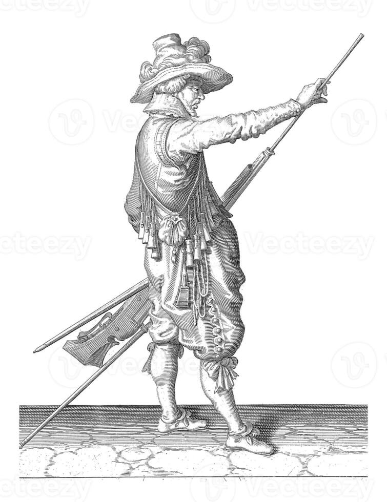 Soldier pulling his ramrod out of the barrel of his musket, vintage illustration. photo