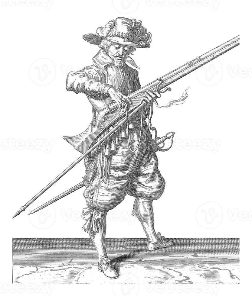 Soldier loosening his wick from the cock of his musket, vintage illustration. photo