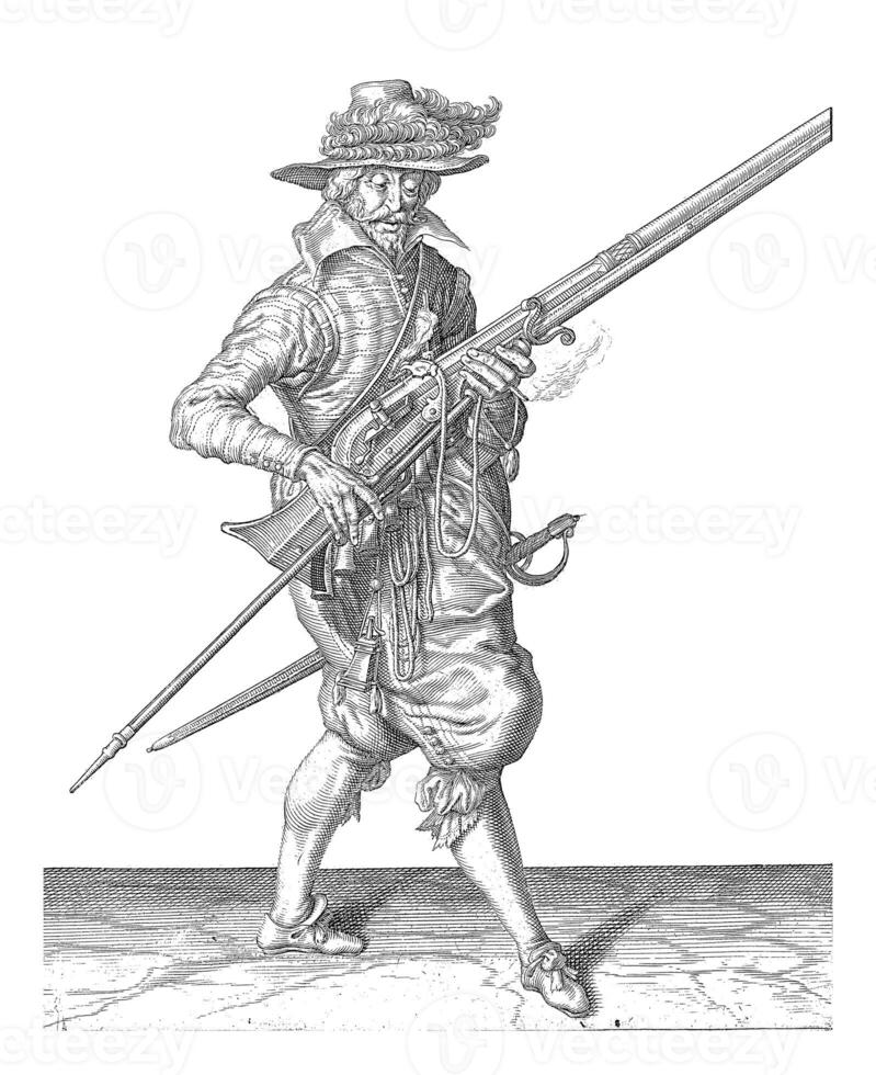 Soldier holding his musket with his left hand, vintage illustration. photo
