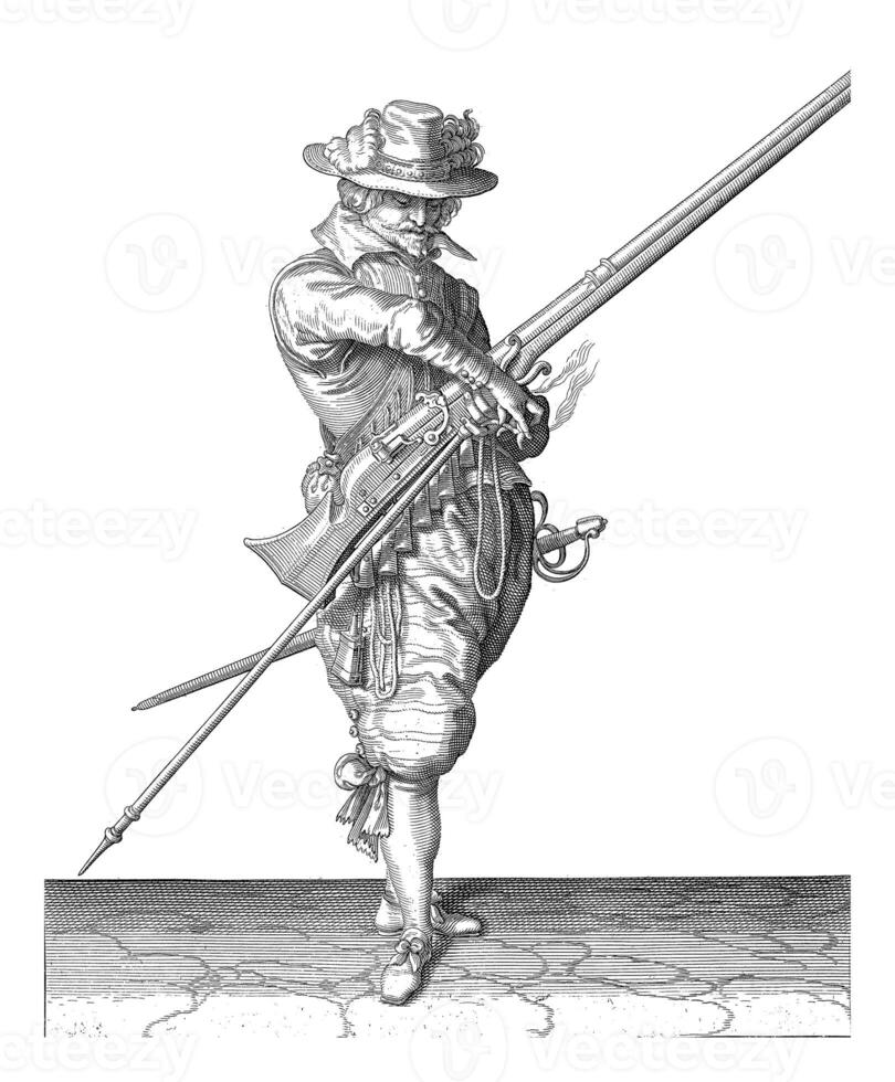 Soldier with a Musket Taking His Wick, vintage illustration. photo