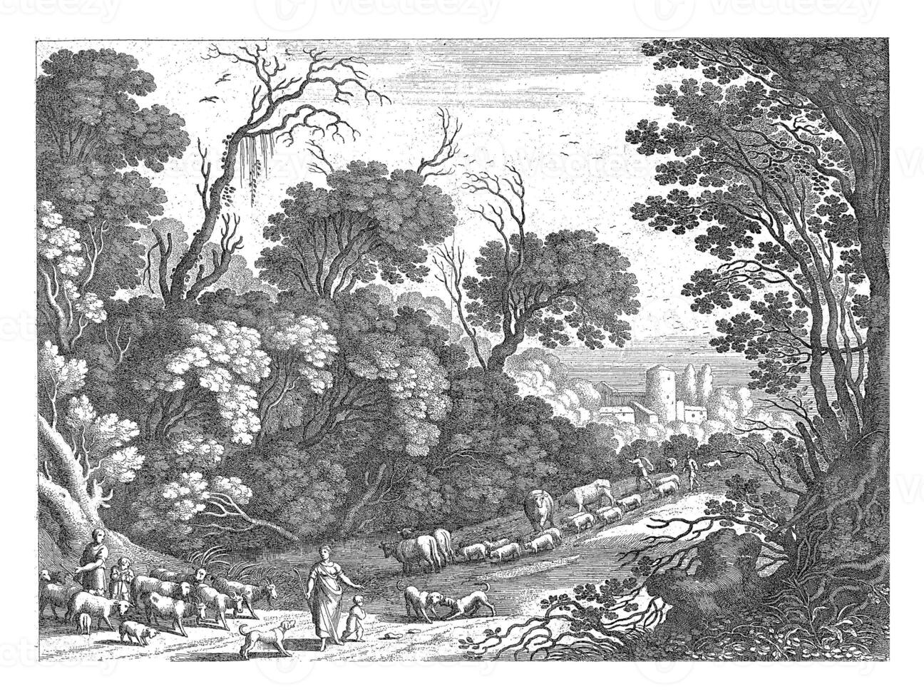 Shepherds with the Flock, Willem van Nieulandt II, after Paul Bril, 1594 - 1635 photo