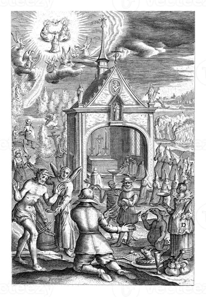 Emblem with man renouncing his earthly possessions and converting to the Christian faith photo