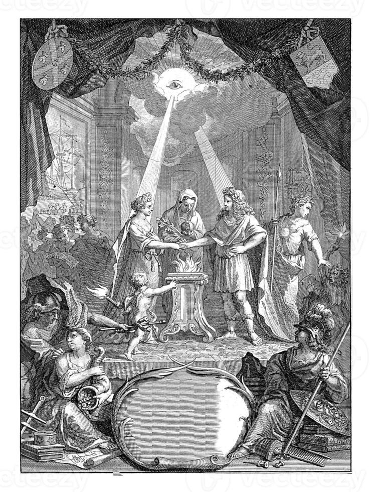 Minerva and Prosperity sit on either side of a cartouche photo