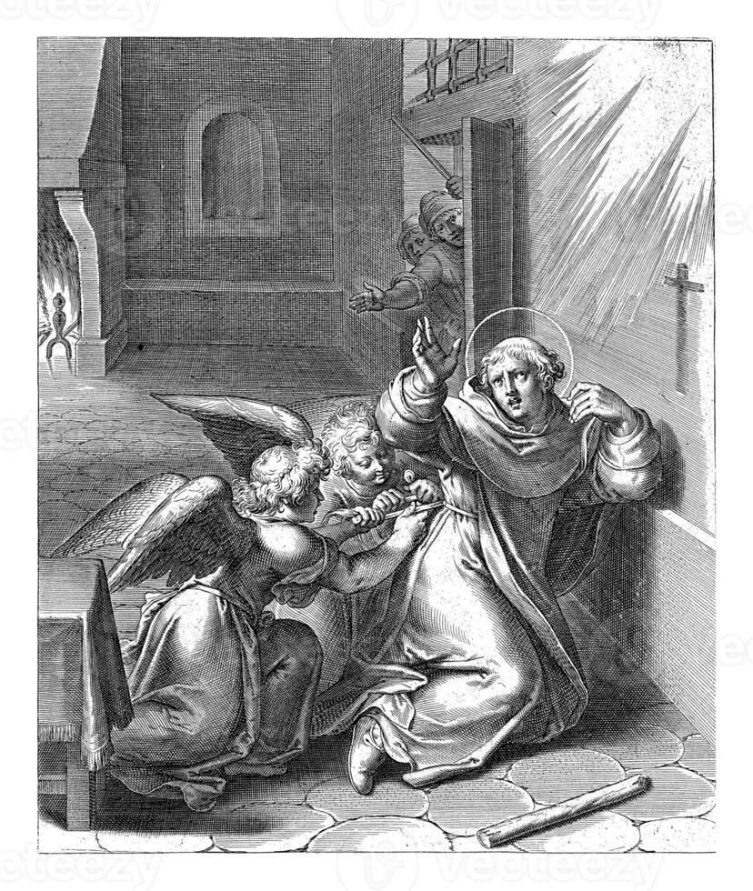 Two angels tie a string around Thomas, Cornelis Boel, after Otto van Veen, 1610 photo