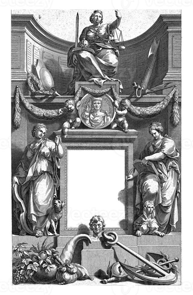 Justice enthroned above portrait. photo