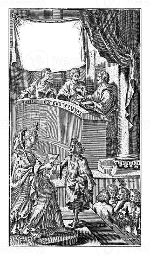 Virgilius, Cicero and Seneca at Grammar with pupils, Jacobus Harrewijn, 1694 photo
