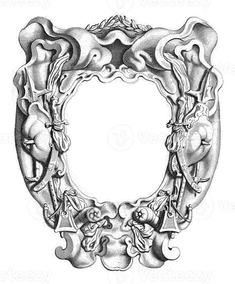 Cartouche with lobe ornament with trophies of arms photo