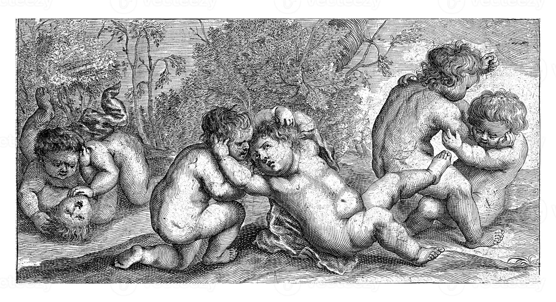 Three Pairs of Naked Children Playing, Joseph Antoine Cochet, after Johannes Popels, c. 1633 - c. 1663 photo