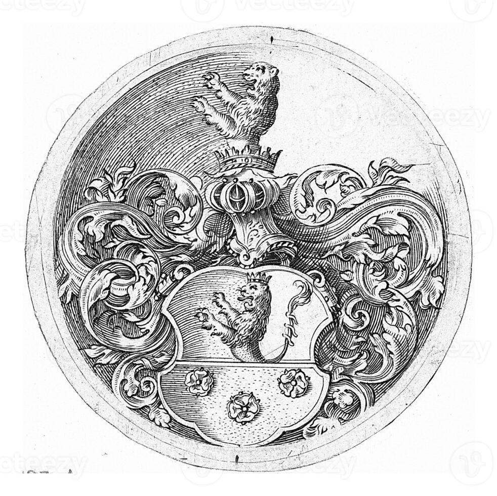 Coat of arms with a lion and three roses photo