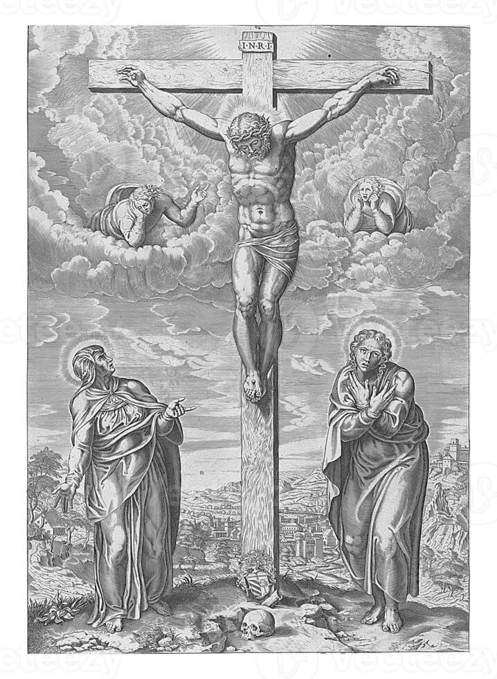 Christ on the Cross flanked by Mary and John in a Landscape photo