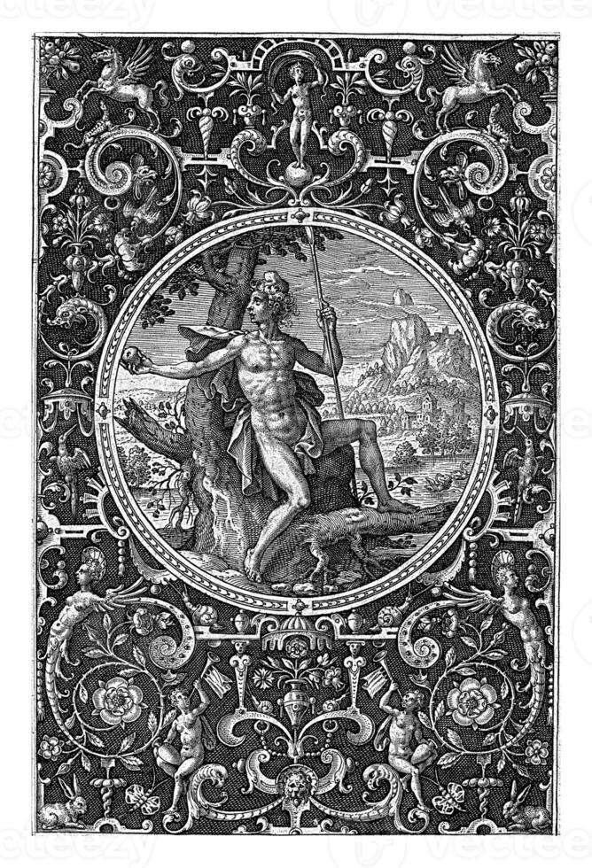 Medallion in which Paris seated against a tree, Adriaen Collaert, 1570 - 1618 photo