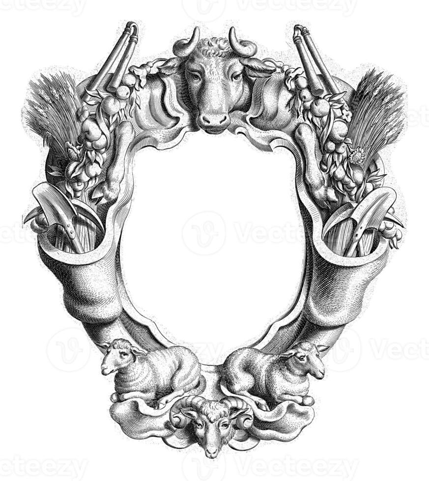 Cartouche with lobe ornament with animals photo