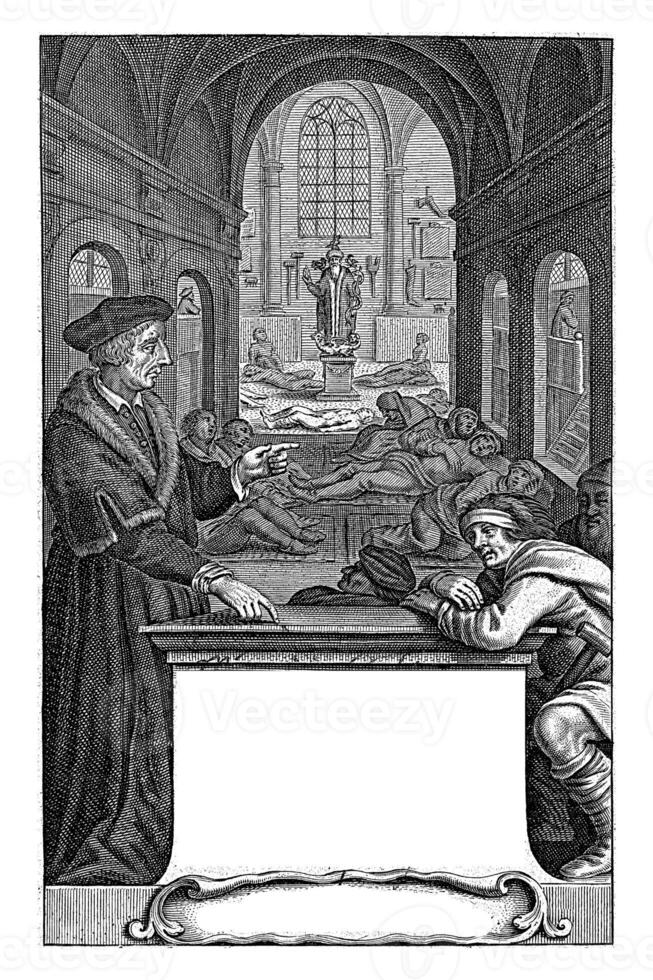 Physician Johannes Fernelius speaks to the sick in the ward where the sick are lying on the floor. photo