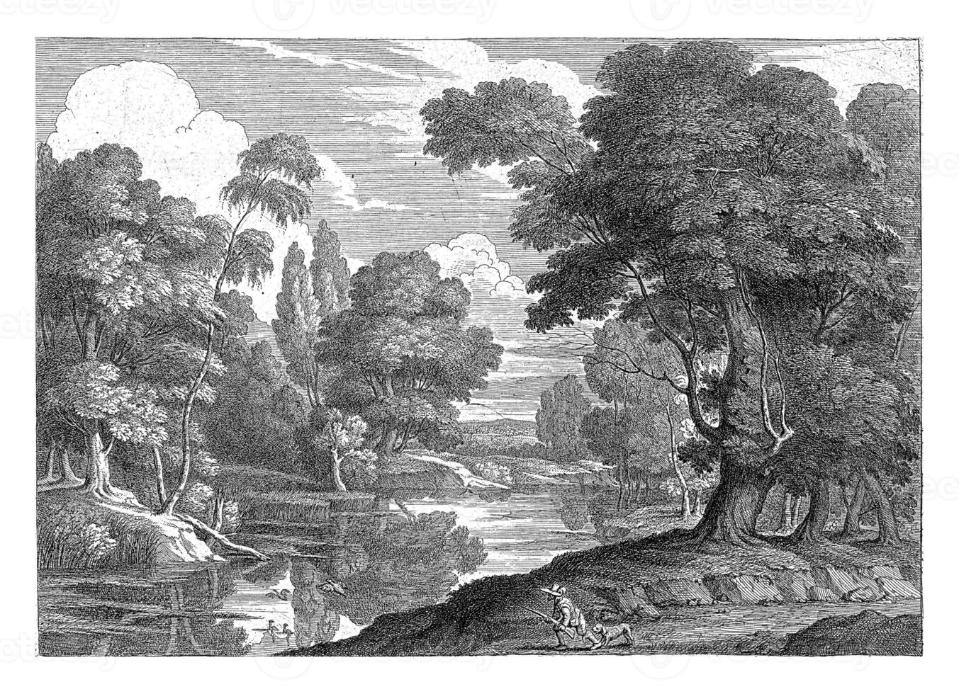 Landscape with a hunter hunting ducks photo