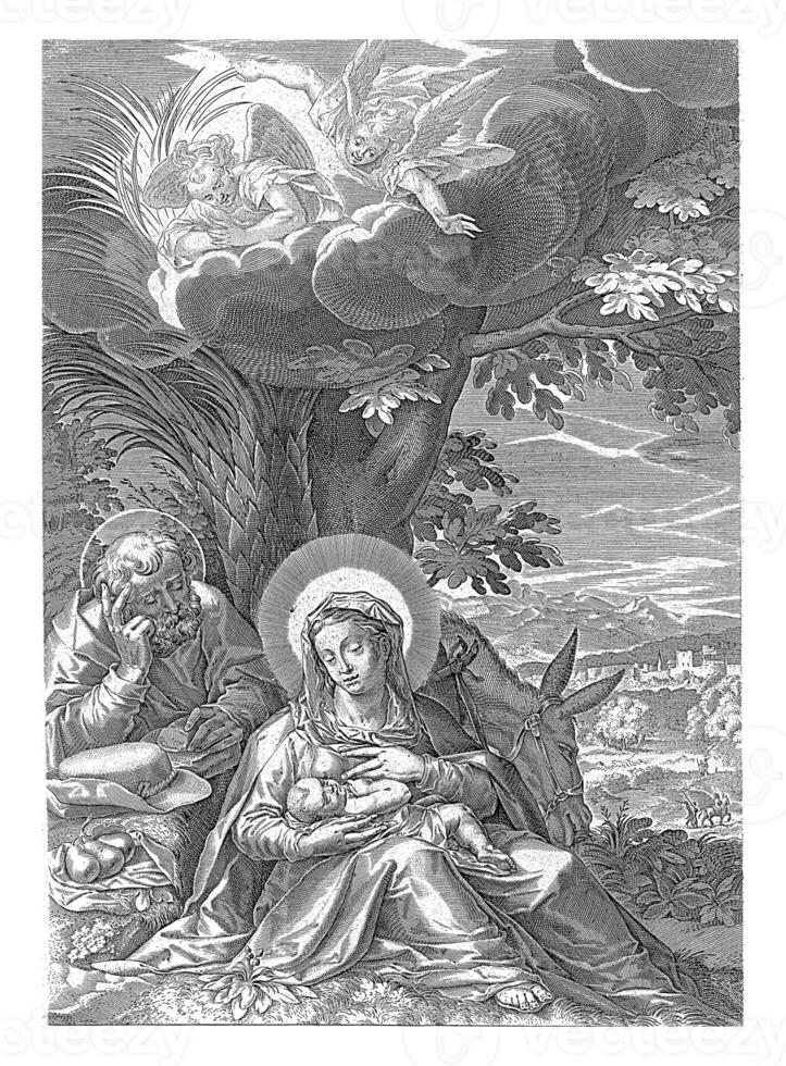 Rest on the Flight into Egypt with Angels, Johann Sadeler I, after Christoph Schwarz, 1587 - 1633 photo