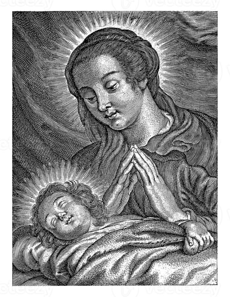 Mary adores the sleeping Christ Child photo