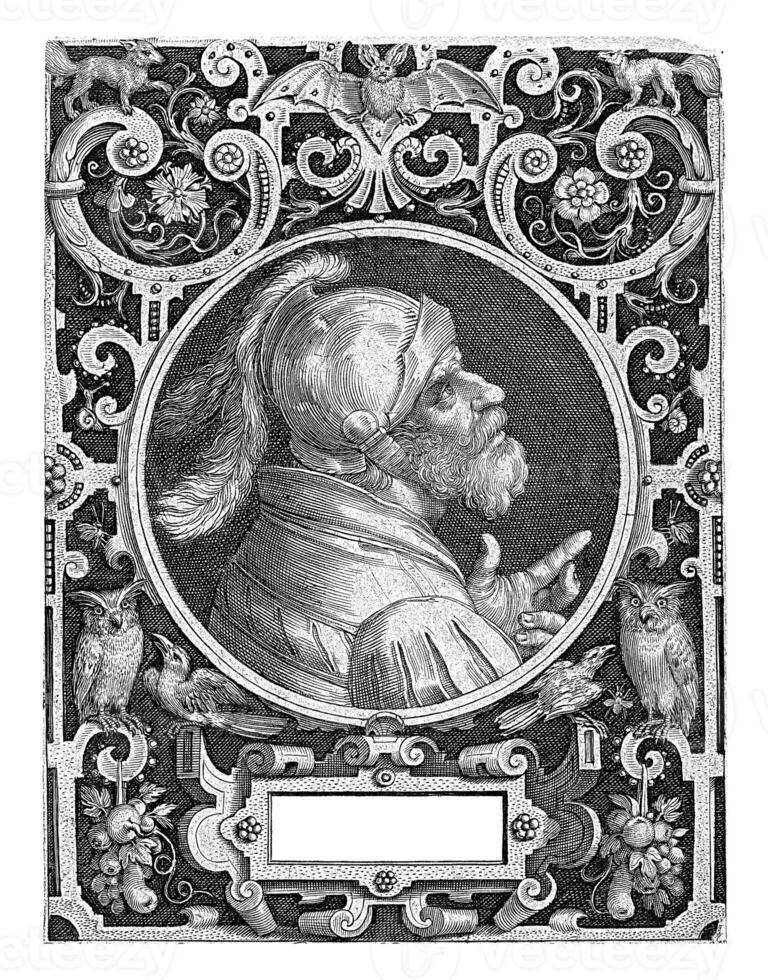 Portrait of Godfrey van Bouillon in medallion within rectangular frame with ornaments photo