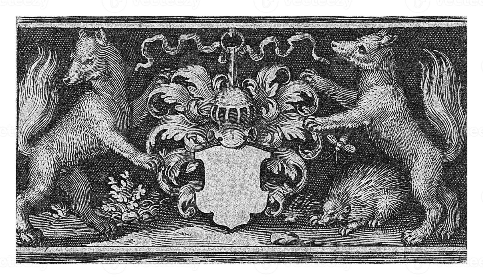 Coat of arms with helmet held by two foxes photo