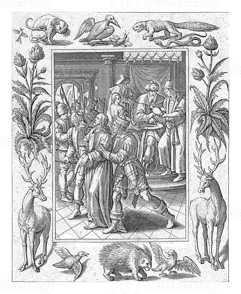 Pilate washes his hands in innocence, Antonie Wierix II, after Maerten de Vos, 1582 - 1586 photo