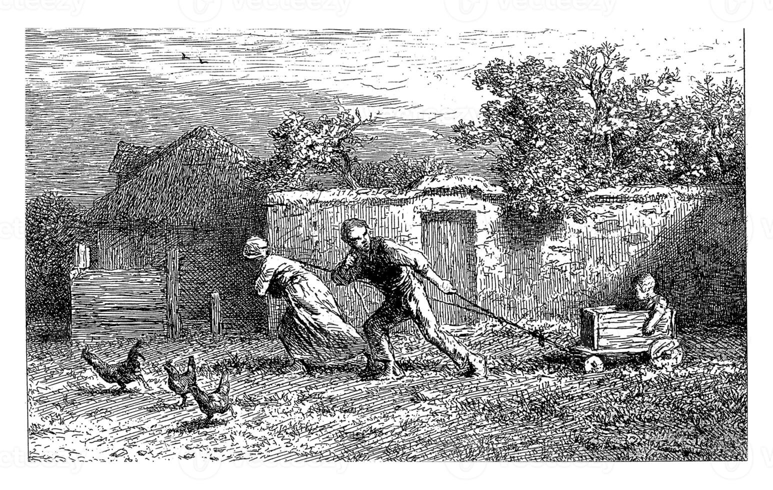 Parents pull their child in a cart in the yard, Charles Emile Jacque, 1865 photo