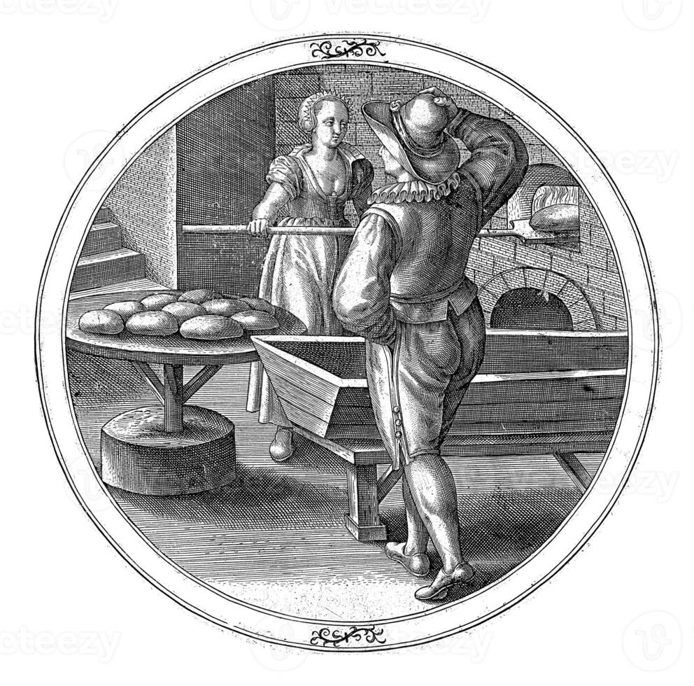 un mujer hornea panes de un pan y un hombre hace su un amoroso propuesta, anónimo, 1550 - 1610 foto