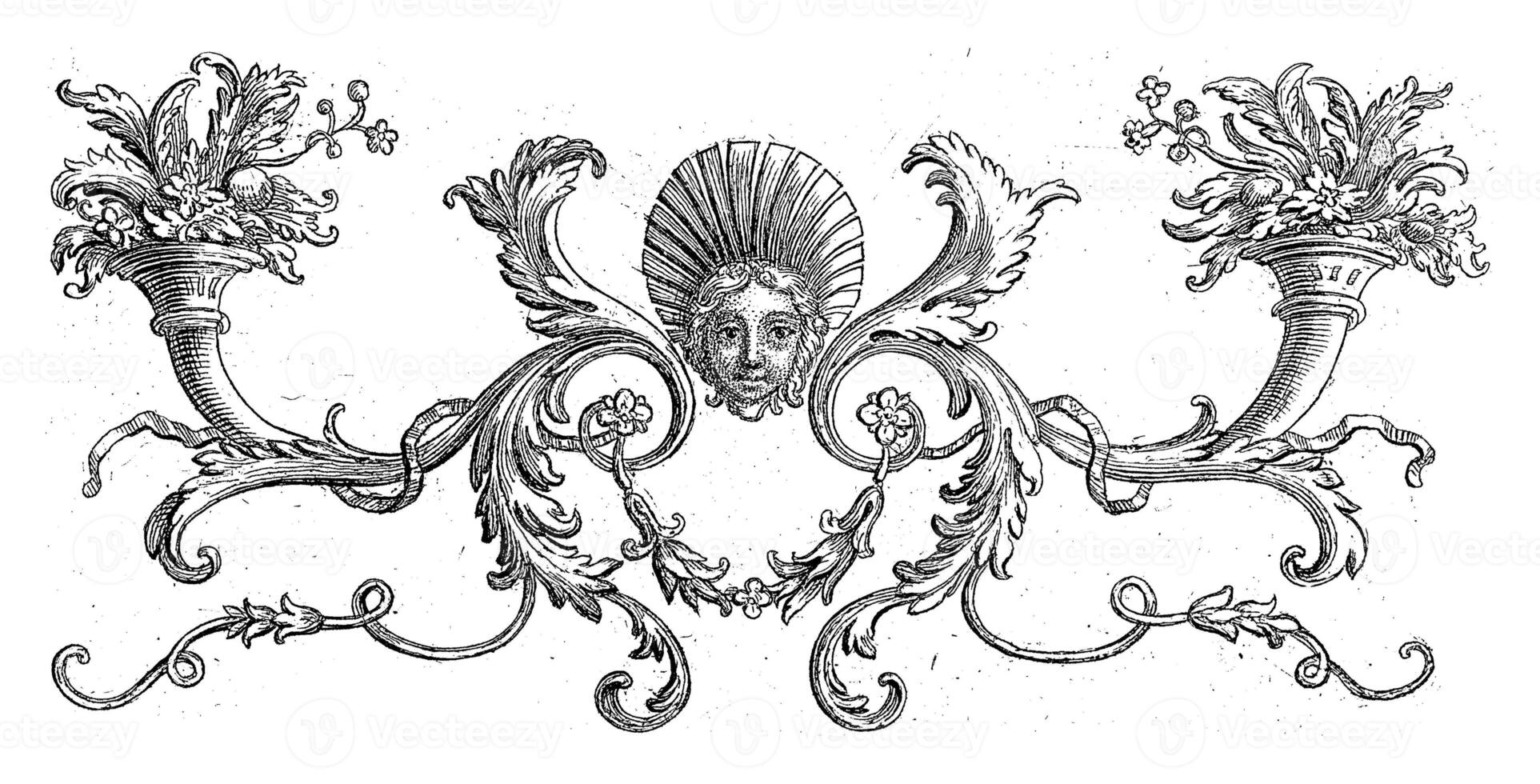 Ornament with a mascaron surrounded by leaf vines two horns with plants and flowers photo