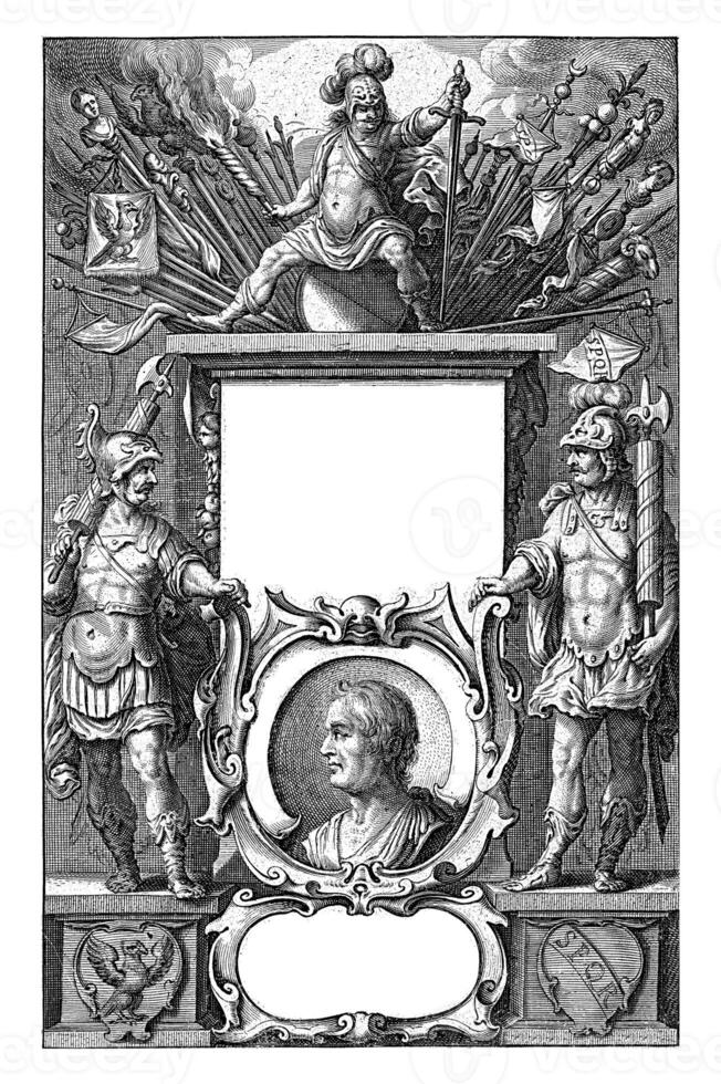 God Mars enthroned on a column with spoils of war and portrait of Publius Cornelius Tacitus. photo