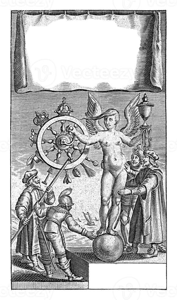 Naked Fortuna on a Globe Spins the Wheel of Fortune photo