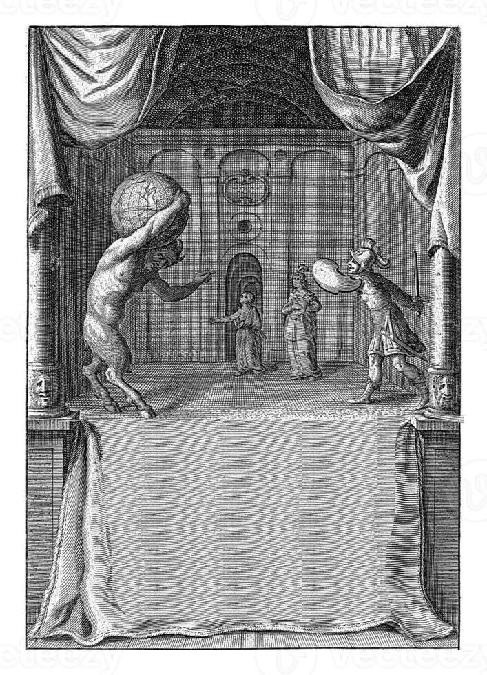 Scene with Satyr Carrying World Globe on Shoulders and Soldier Threatening with Raised Sword. photo