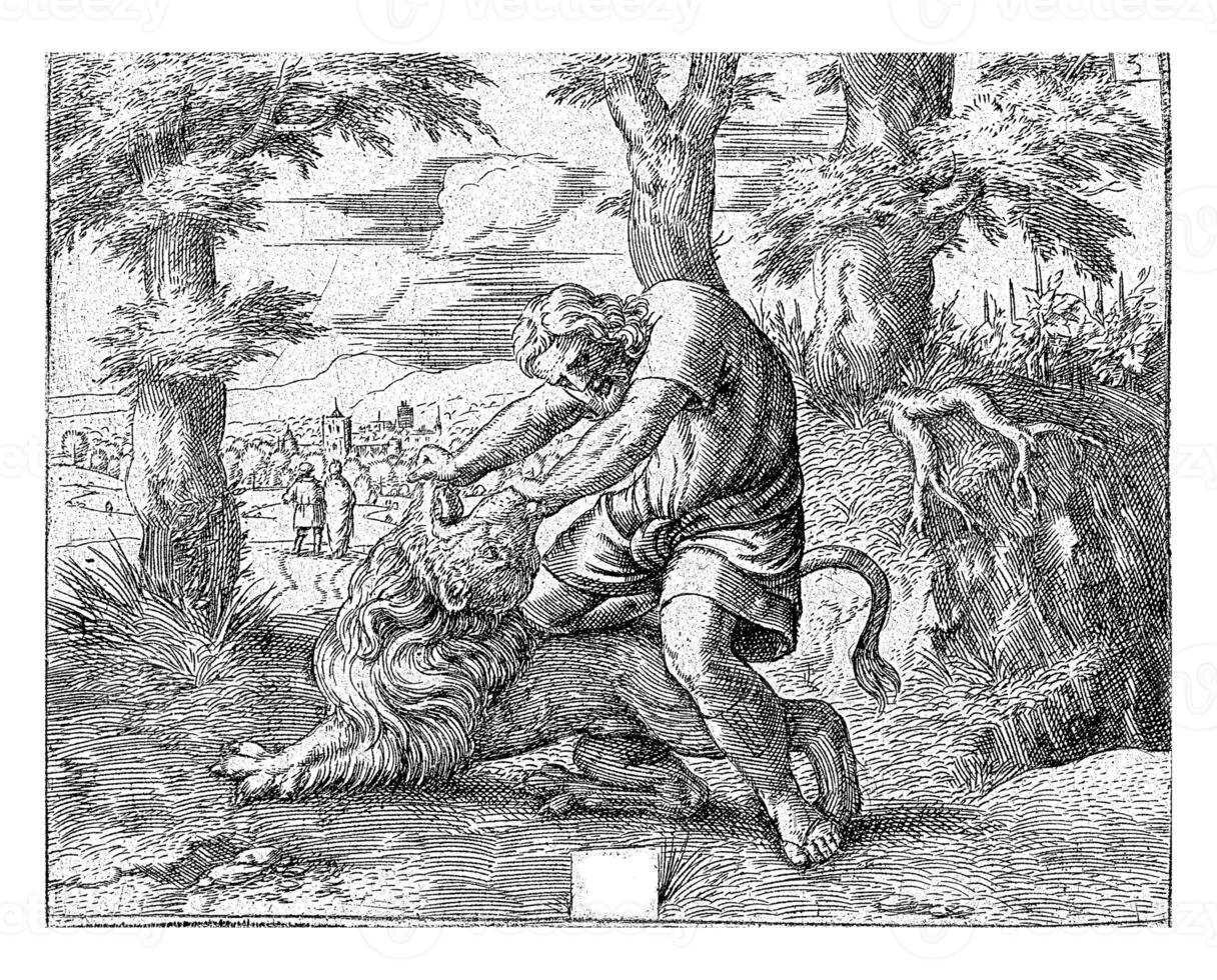 Samson kills the lion, Cornelis Massijs, 1549 photo