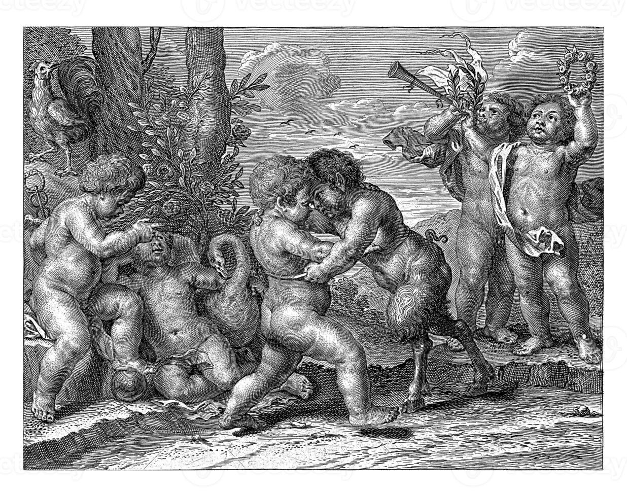 Allegory with a fight between putto and satyr child as virtue and vice photo