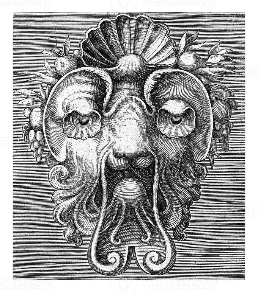 Mask with shell-shaped eyes and a shell between bunches of fruits on the forehead photo