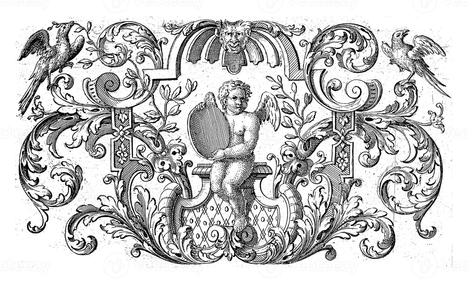 Putto with a round plate in the hands in the middle of leaf vines photo