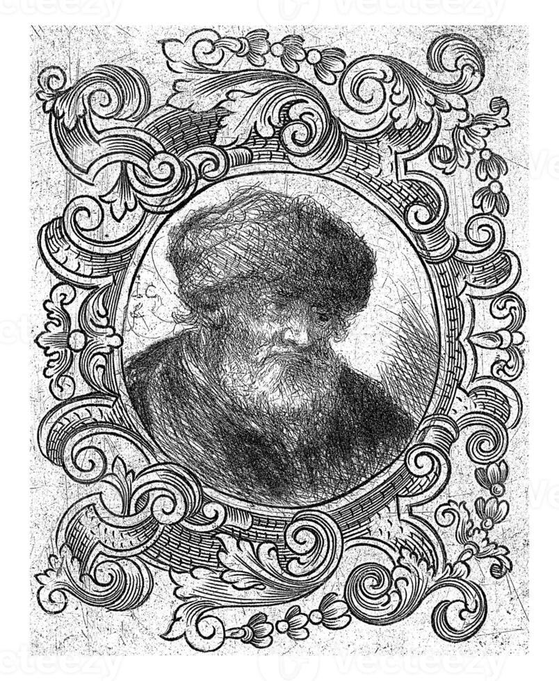 Old man with fur hat in ornamental brim photo