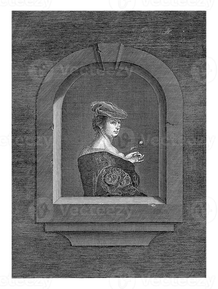 Lady with beret and dress with plunging neckline in window, anonymous, after Frans van Mieris, 1600 - 1800 photo
