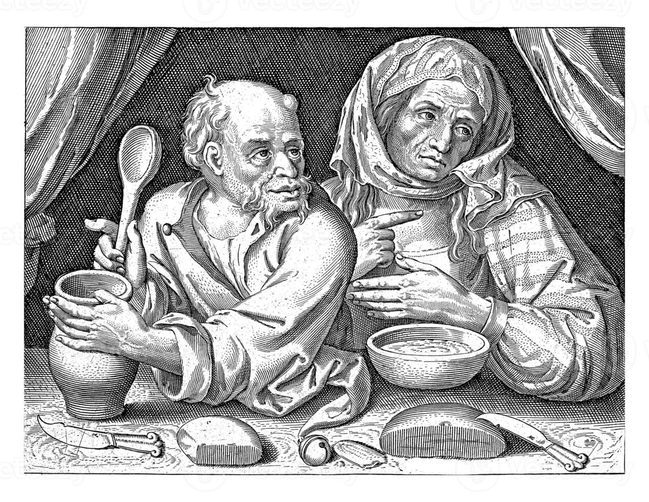 Man and woman eating porridge, Nicolaes de Bruyn, 1581 - 1656 photo