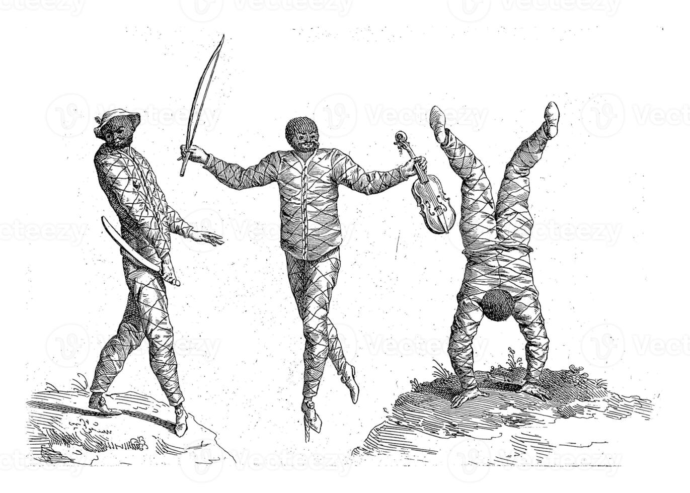 Three harlequins, one of whom makes a handstand photo