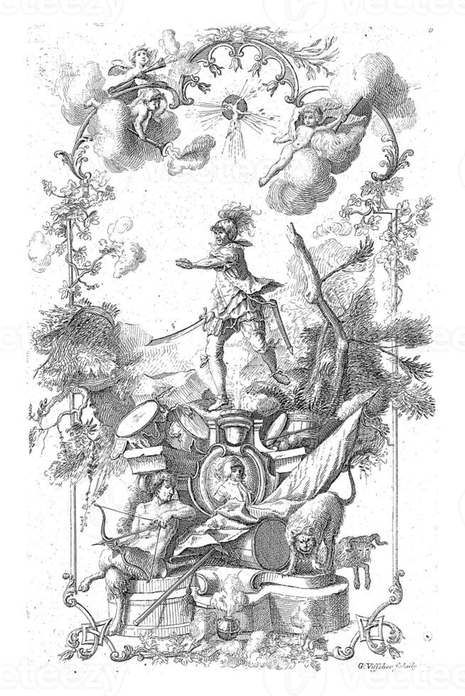 Panel decoration with a warrior on a base with war equipment photo