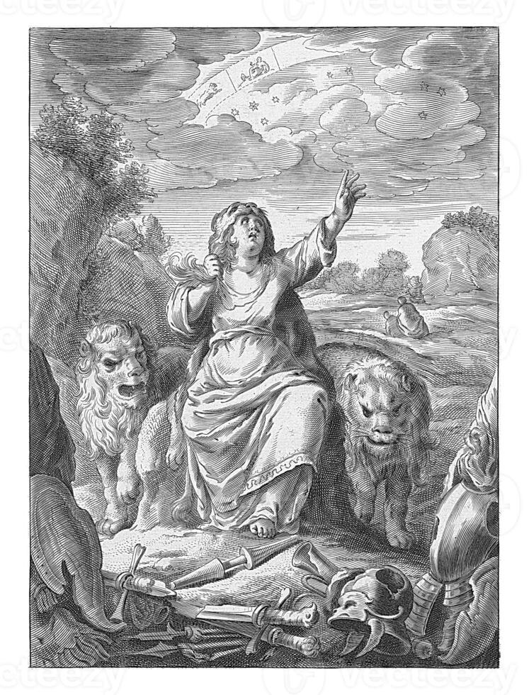 Female personification of the continent of Africa as a woman with lionskin sitting among lions photo