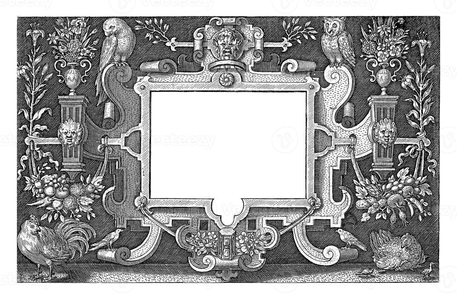 Title print with title in cartouche with ornaments and birds photo