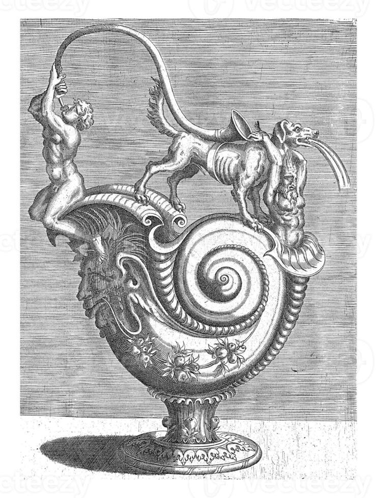 Jug in the shape of a snail's shell, on the spout sits a man blowing a horn, Balthazar van den Bos photo