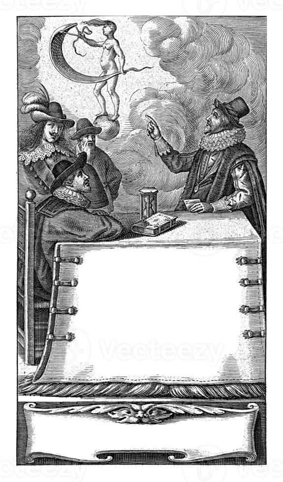 Four men at table with hourglass and in the air Fortune floats on globe. photo