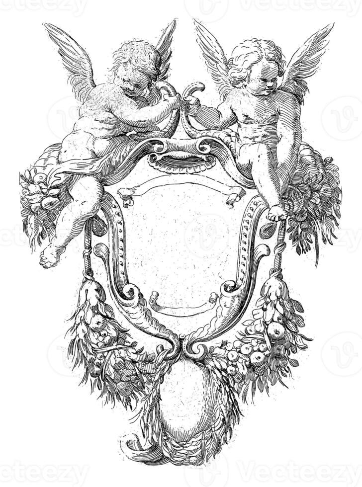 Cartouche with garlands and two sitting putti photo